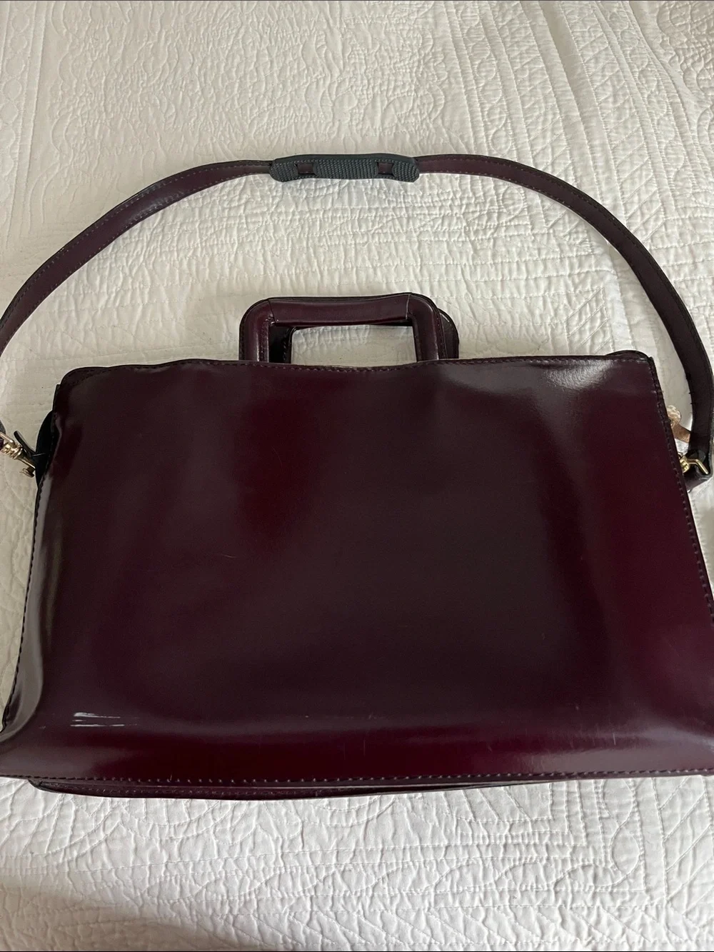 Vintage Burgundy Patent Leather Briefcase Satchel Bag with Gold Hardware